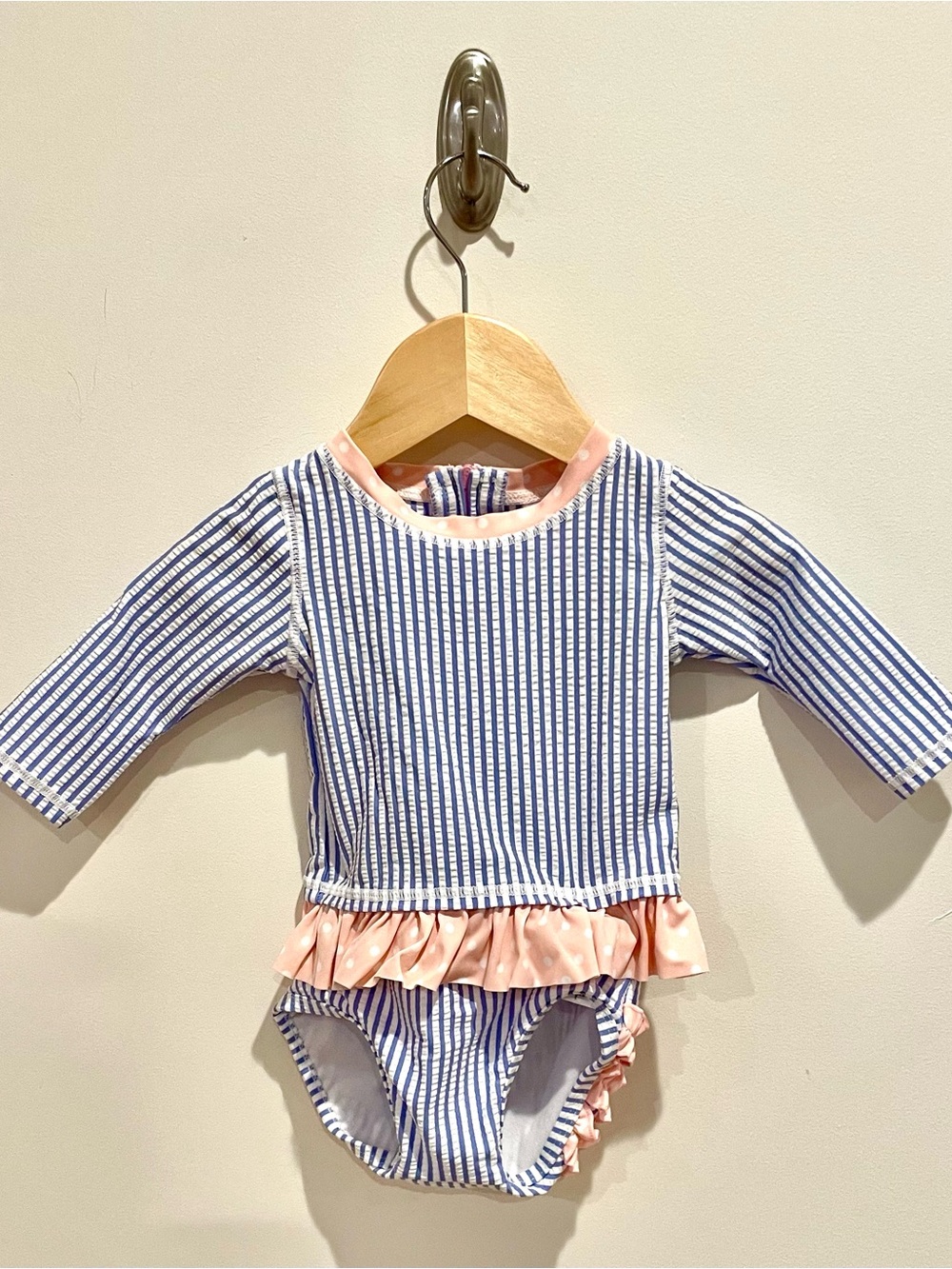 Ruffle Butts Blue Seersucker Bathing Suit with Ruffled Trim - Sz 3-6 mo.